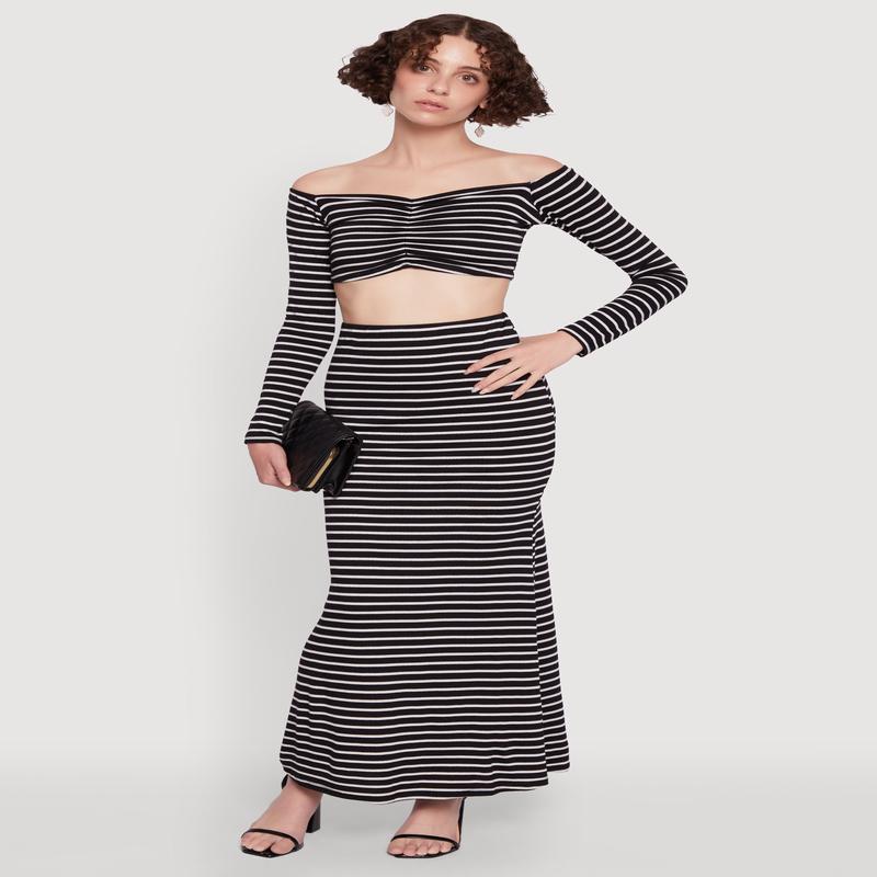Chic Striped High Waisted Maxi Skirt