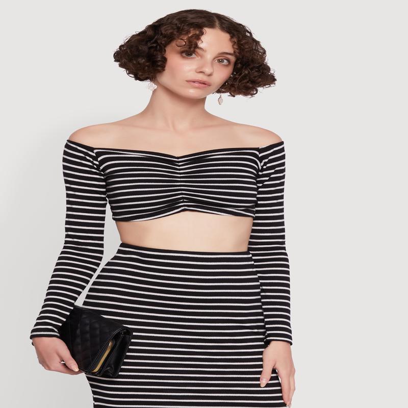 Chic Striped Off Shoulder Long Sleeve Top with Ruching and Cropped Hem