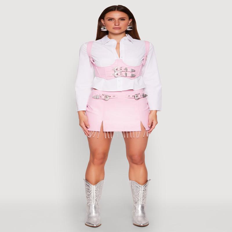 Faux Leather Buckle Front Fringe Skirt