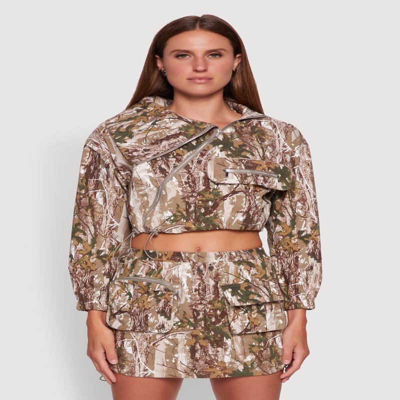 Hunter Camo Drawstring Hem Zip Neck Cropped Jacket
