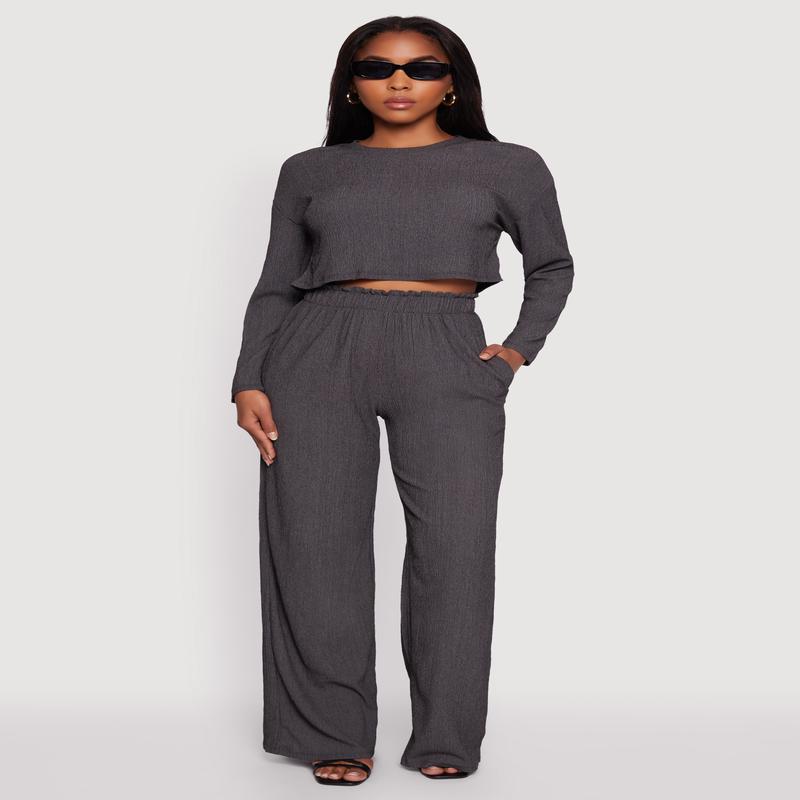 Textured Knit Paper Bag Waist Wide Leg Pants