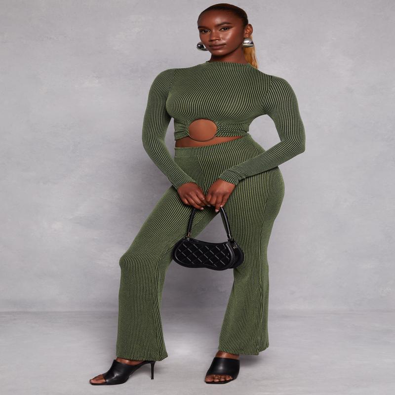 Textured Ribbed Knit Flared Pants