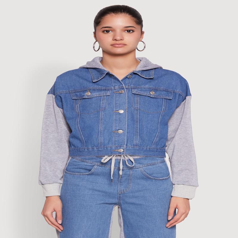 Color Block Fleece Hooded Jean Jacket