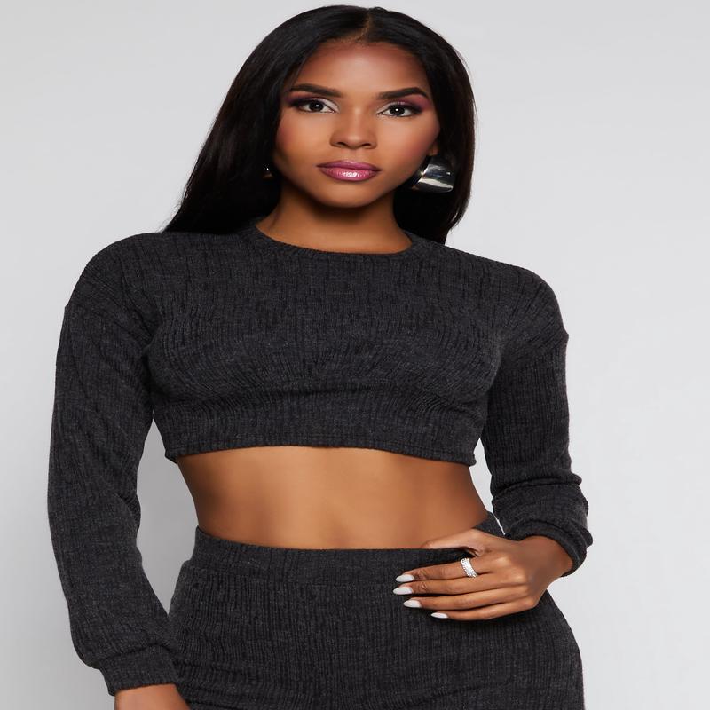 Textured Brushed Knit Long Sleeve Crop Top