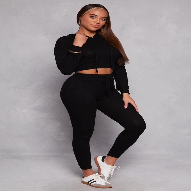 Brushed Knit Drawstring High Waisted Joggers