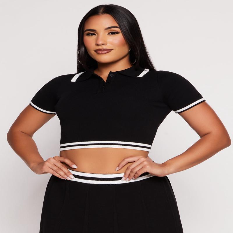 Daisy Knit Varsity Stripe Cropped Polo Shirt