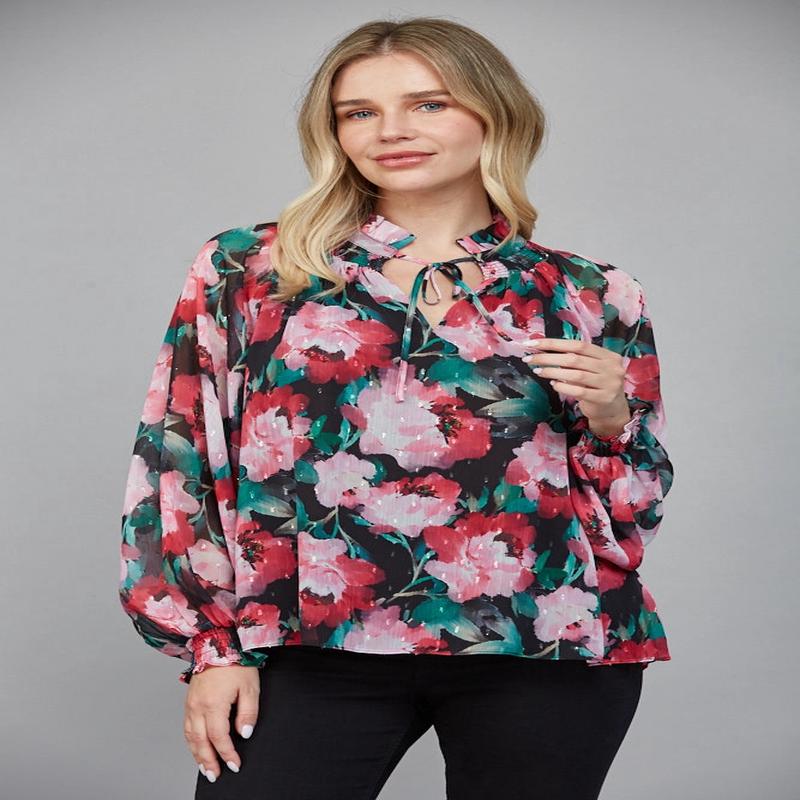 61 Jane Floral Keyhole Tie Neck Blouse