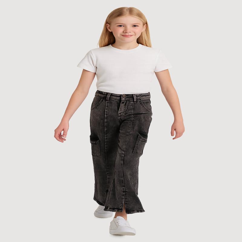 Girls Acid Wash Slit Front Pintuck Cargo Jeans