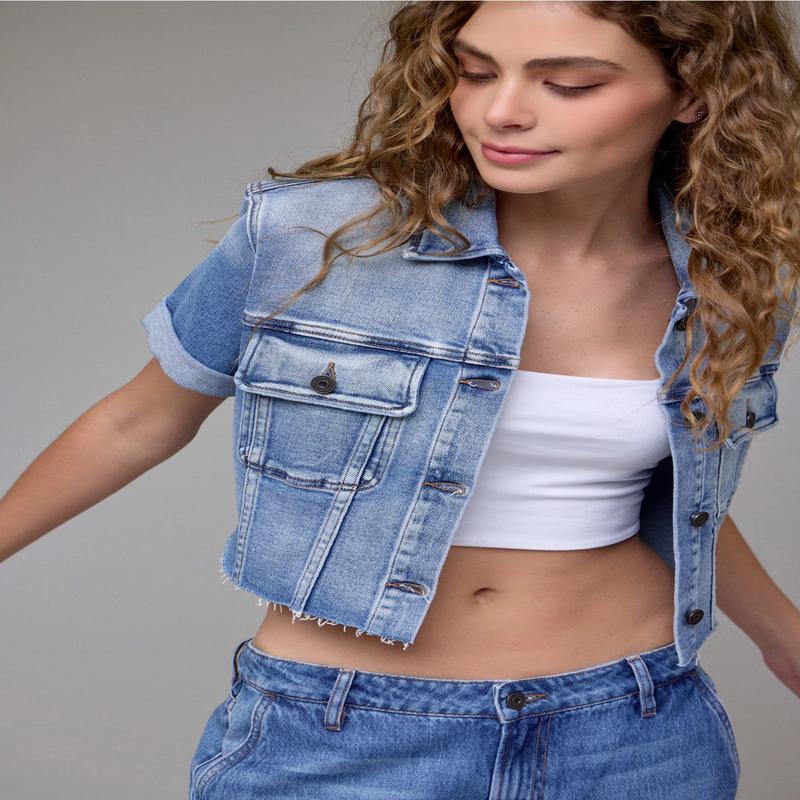 Hidden Denim Cropped Stretch Trucker Jacket