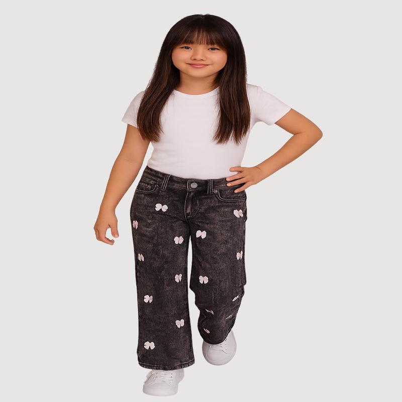 Girls Acid Wash Straight Leg Bow Detail Jeans