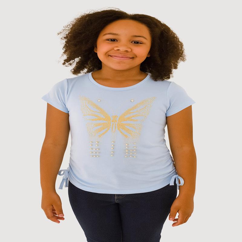 Girls Butterfly Rhinestone Ruched Top