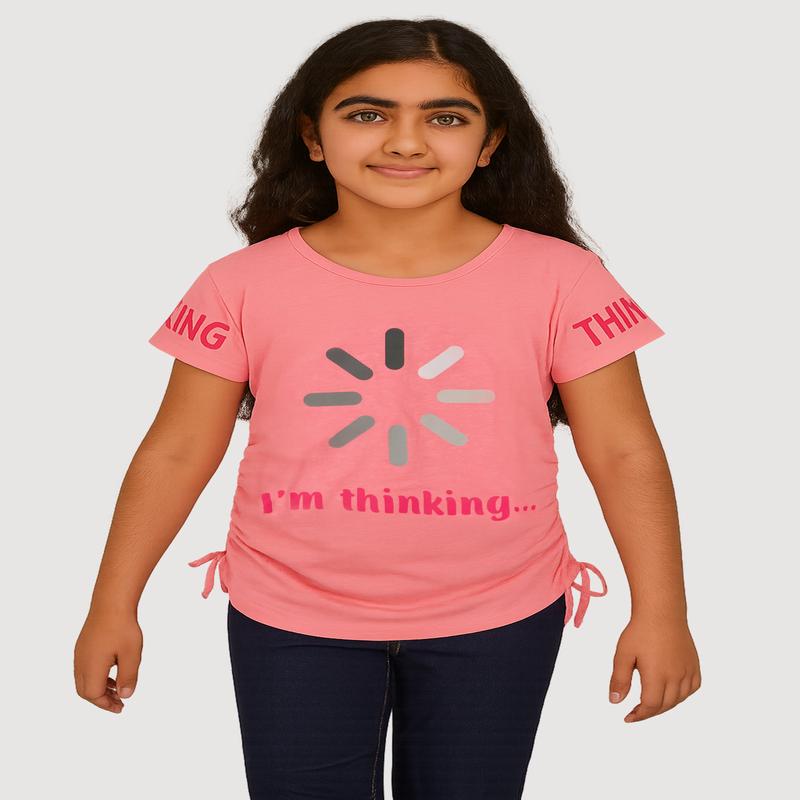 Girls Im Thinking Graphic T Shirt with Faux Drawstring and Ruching