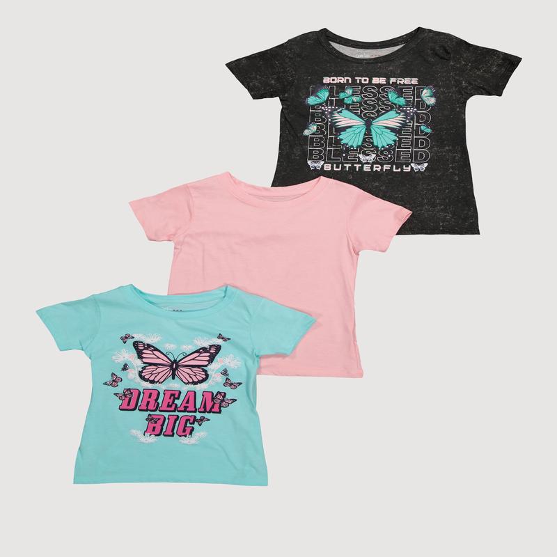 Girls Trendy Butterfly Graphic Glitter Tops 3 Pack