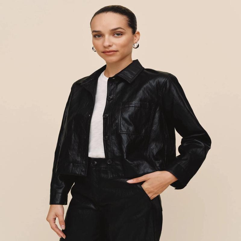 Bella Dahl Cropped Faux Leather Button Down Shirt