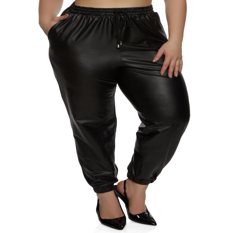 Plus Size Faux Leather High Waisted Joggers