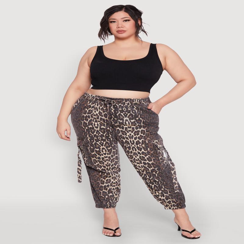 Plus Size Leopard Print Denim Cargo Joggers