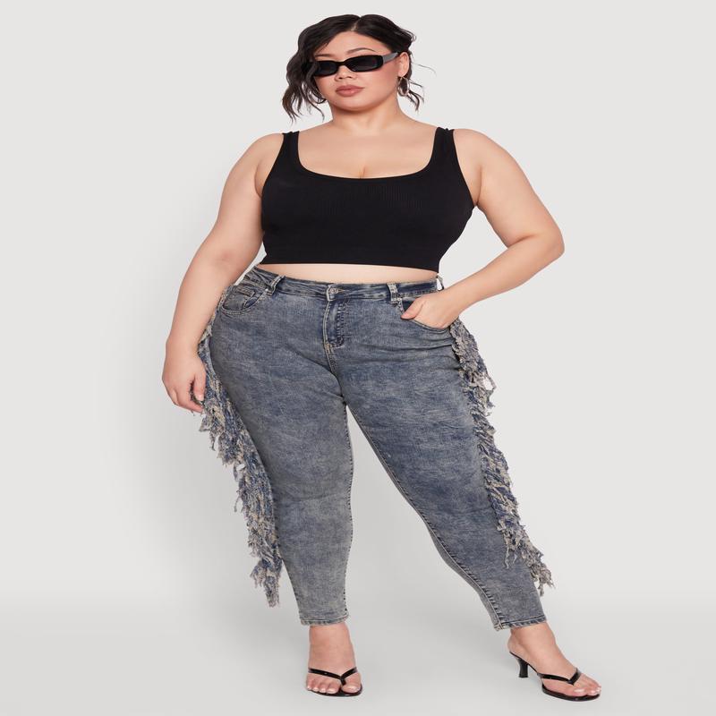 Plus Size Mineral Wash Side Fringe Jeans