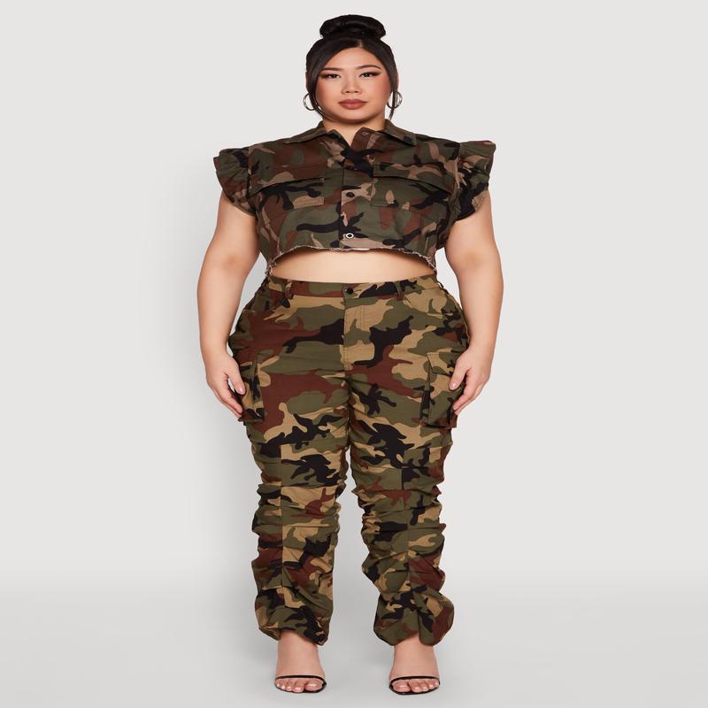 Plus Size Camouflage Stacked Cargo Pants