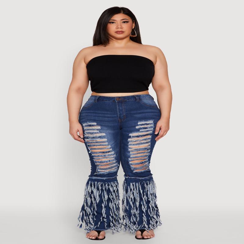 Plus Size Distressed Fringe Hem Flare Jeans