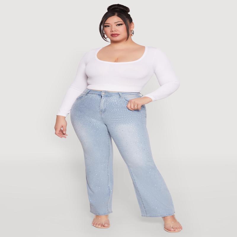 Plus Size Rhinestone Straight Leg Jeans