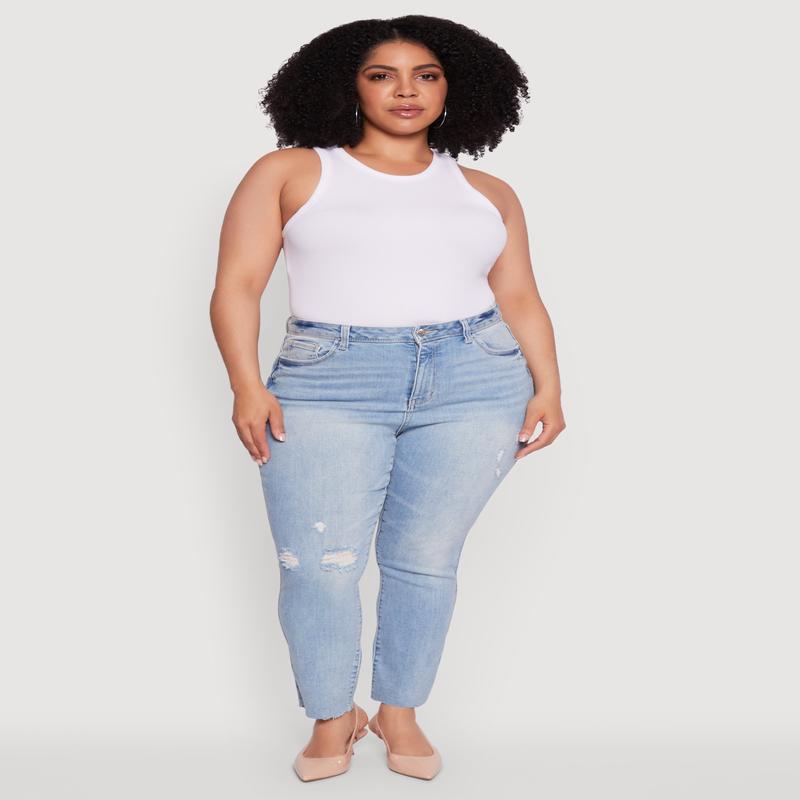 Plus Size Trendy High Waisted Distressed Whiskered Jeans