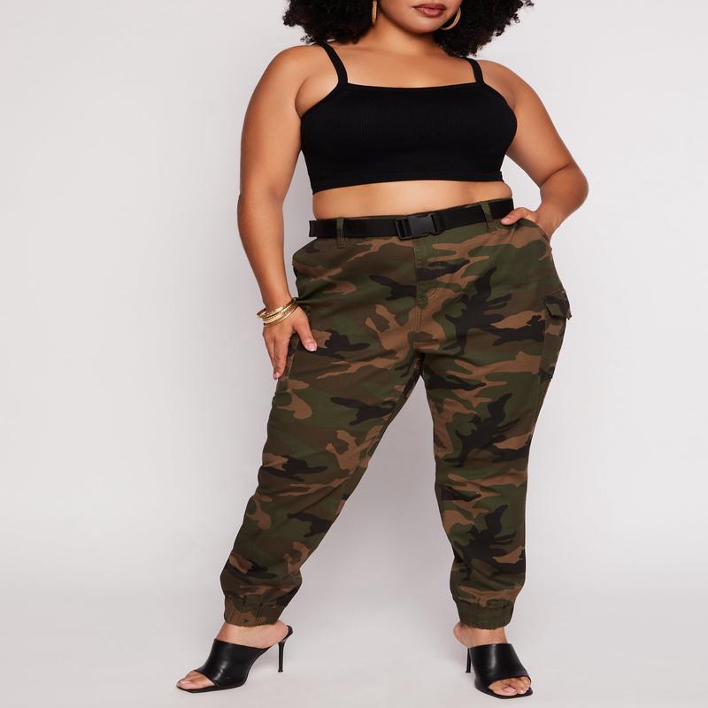 Plus Size Almost Famous Camo Belted Cargo Joggers