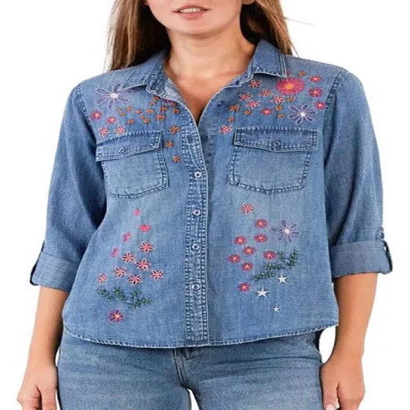 Billy T Embroidered Flowers Denim Shirt