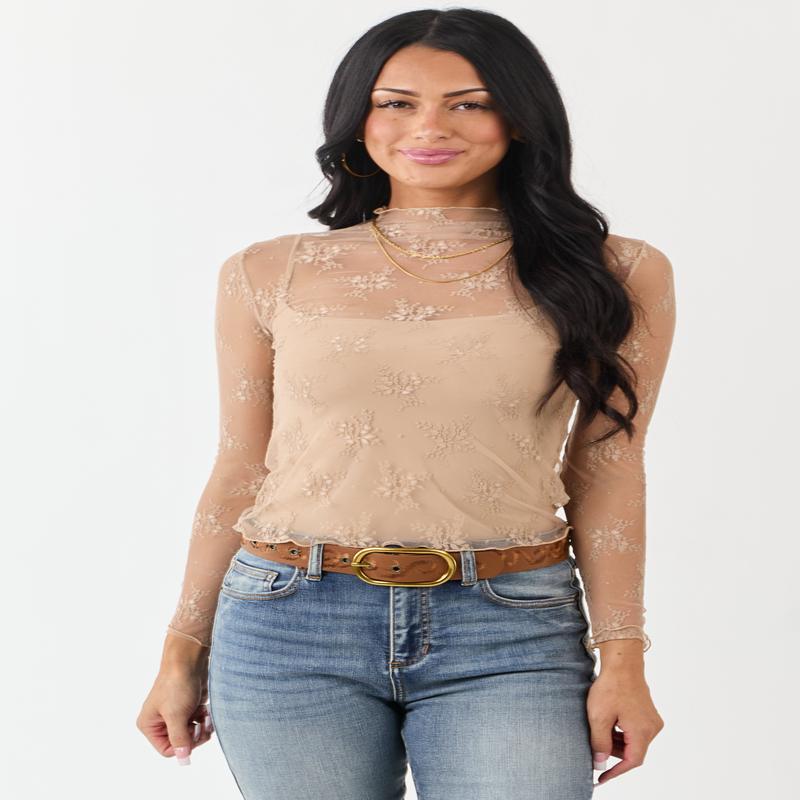 Beige Floral Lace Mesh Long Sleeve Top