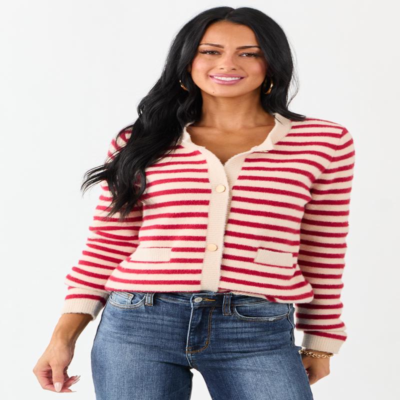 Cranberry and Champagne Striped Button Up Cardigan