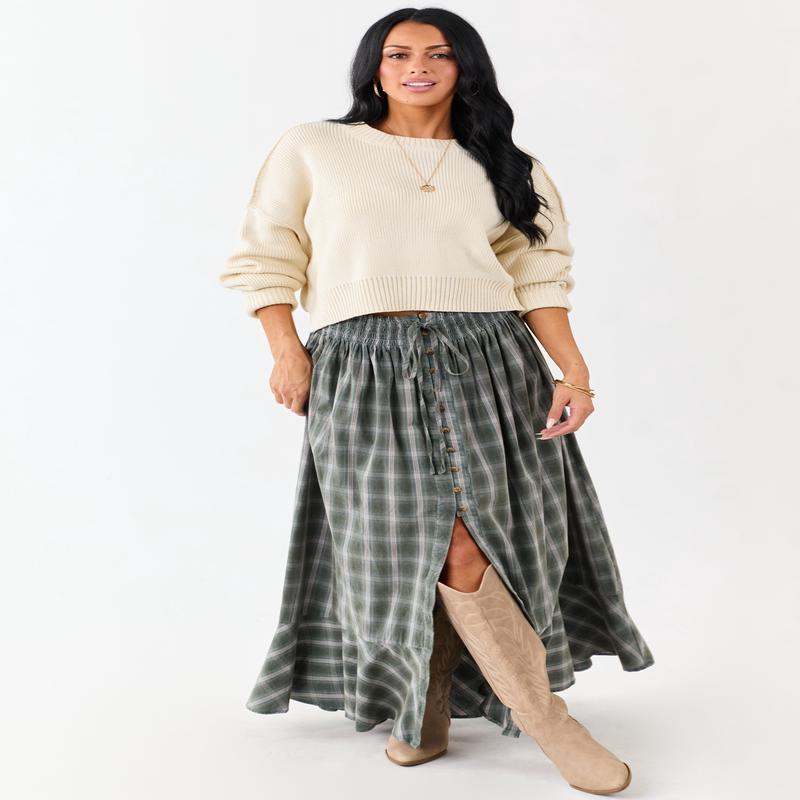 Juniper Plaid Flannel Button Front Cotton Maxi Skirt