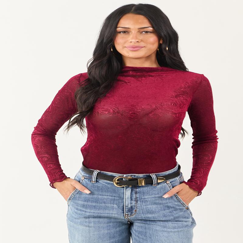 Sangria Rose Velvet Textured Mesh Long Sleeve Top