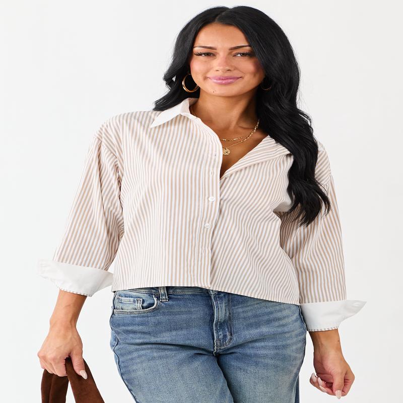 Taupe Striped Long Sleeve Button Down Cotton Top