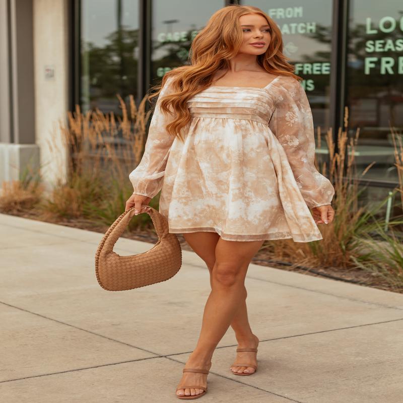 Beige Chiffon Floral Pleated Babydoll Mini Dress
