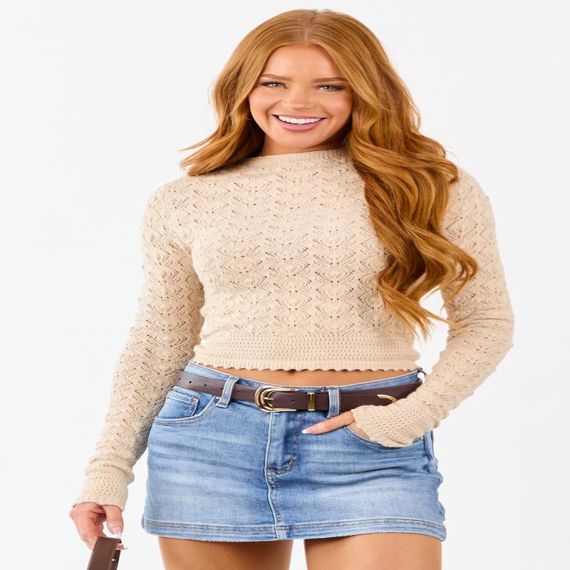 Beige Textured Pointelle Knit Sweater