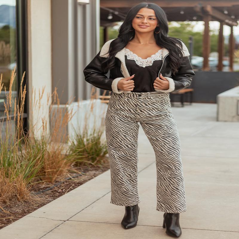 Coconut Zebra Print High Rise Straight Stretchy Jeans