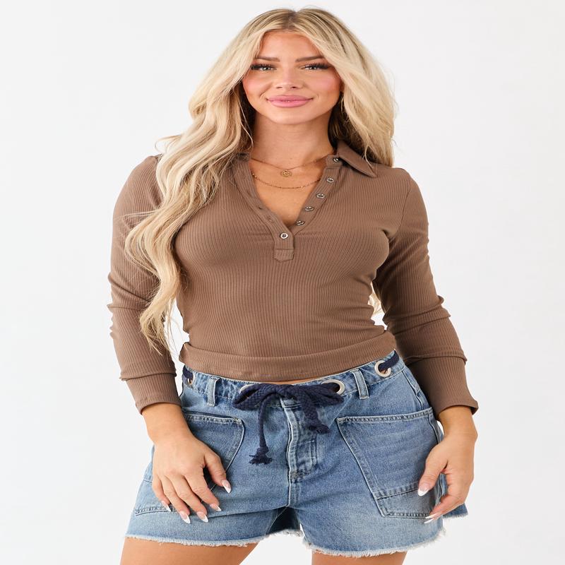 Coffee Collared Long Sleeve Henley Top