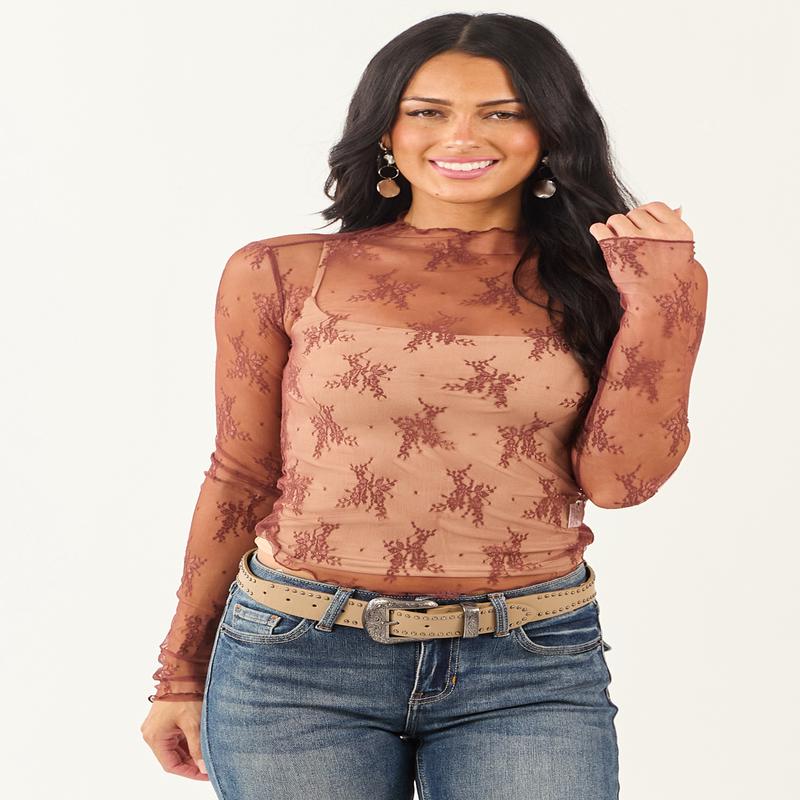 Listicle Marsala Floral Mesh Lace Long Sleeve Top