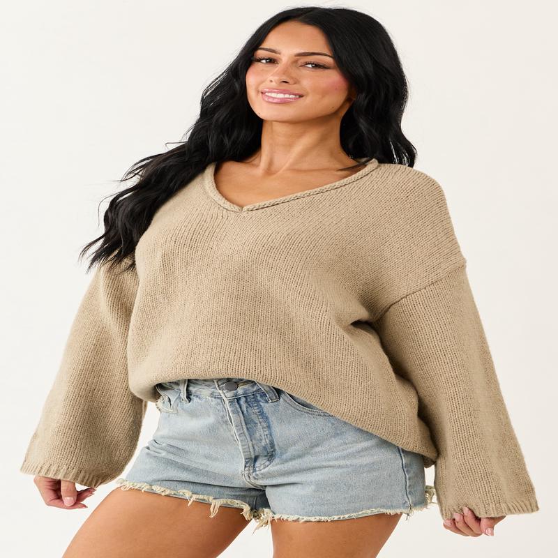 Lovelo Oatmeal V Neck Long Sleeve Chunky Knit Sweater