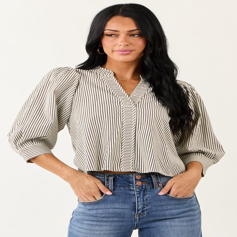 Off White Railroad Stripe V Neck Half Sleeve Top