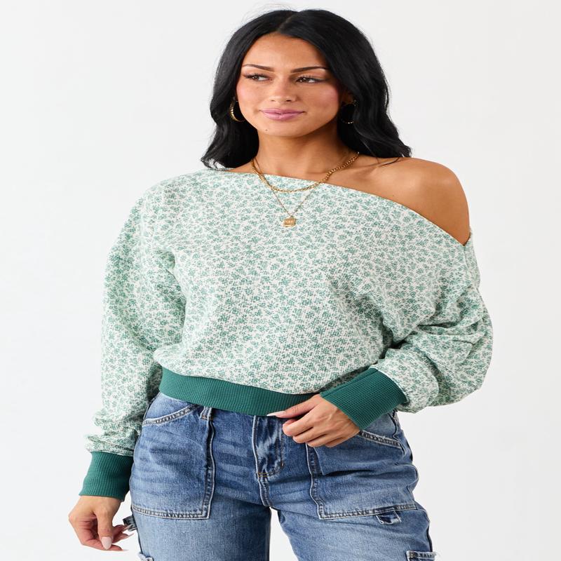 Pine Ditsy Floral One Shoulder Ruched Long Sleeve Top