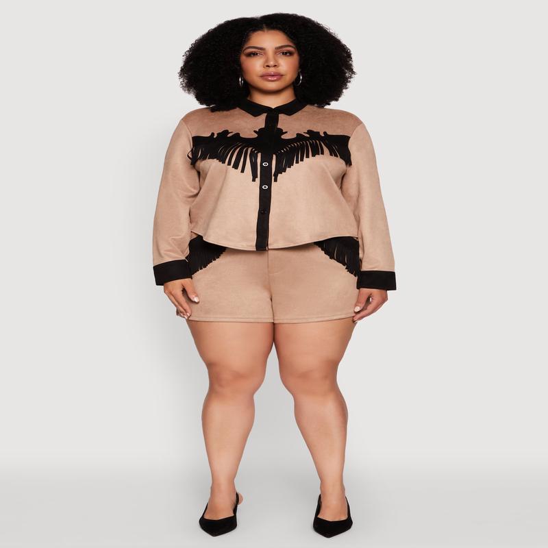 Plus Size Faux Suede High Waisted Fringe Hem Shorts