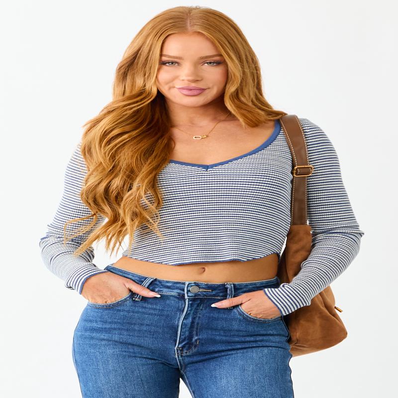 Sapphire Striped Cropped V Neck Long Sleeve Top