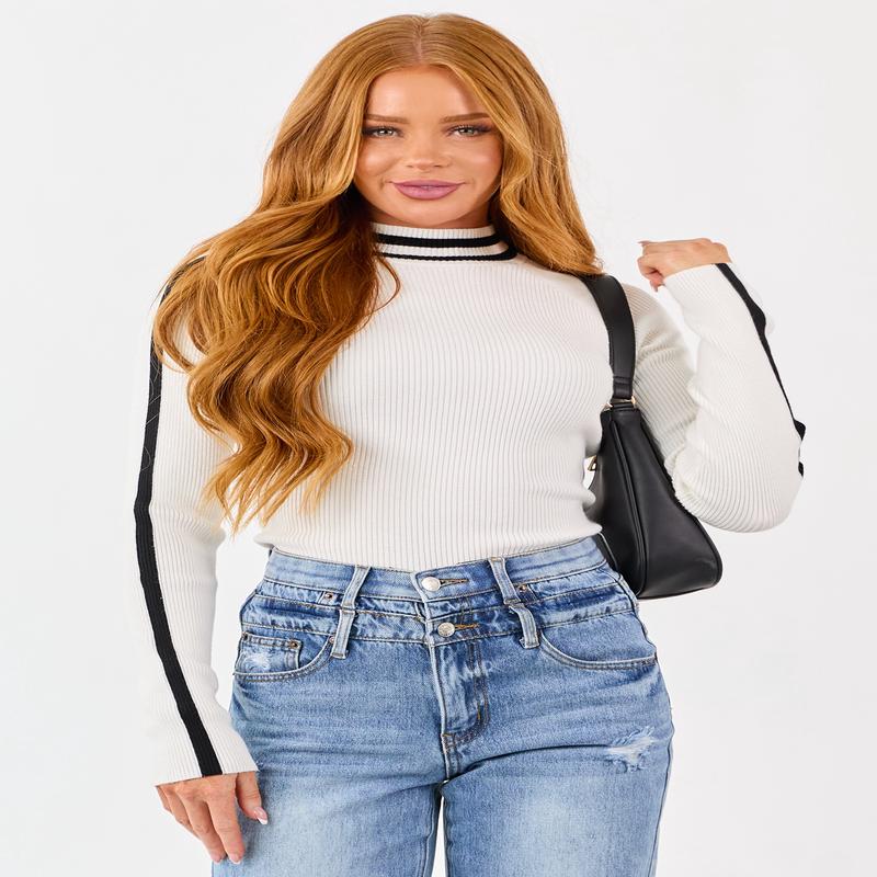 White Mock Neck Ribbed Knit Long Sleeve Bodysuit