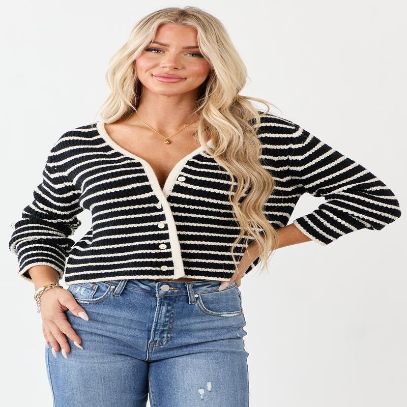 Black and Ivory Striped Button Down Knit Cardigan