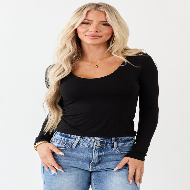 Black Scoop Neck Long Sleeve Knit Top