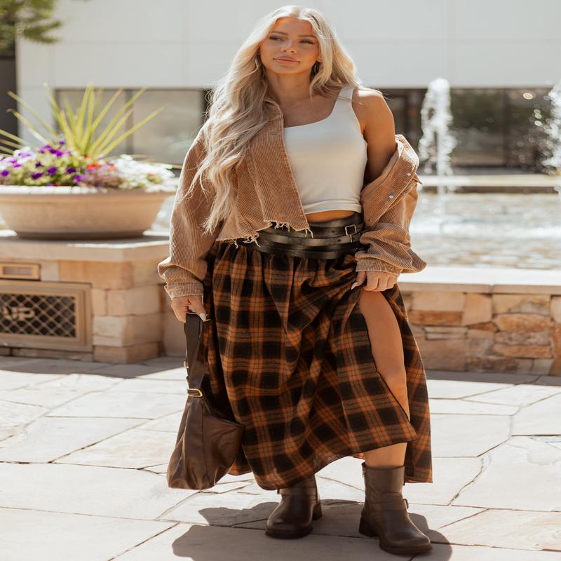 Caramel Plaid Contrast Belt Waist Maxi Skirt