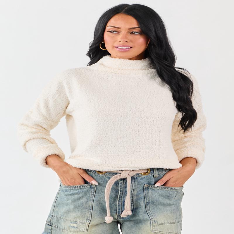 Champagne Fuzzy Soft Knit Mock Neck Sweater