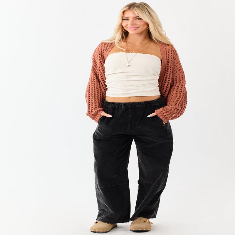 Charcoal Stone Washed Corduroy Wide Leg Pants