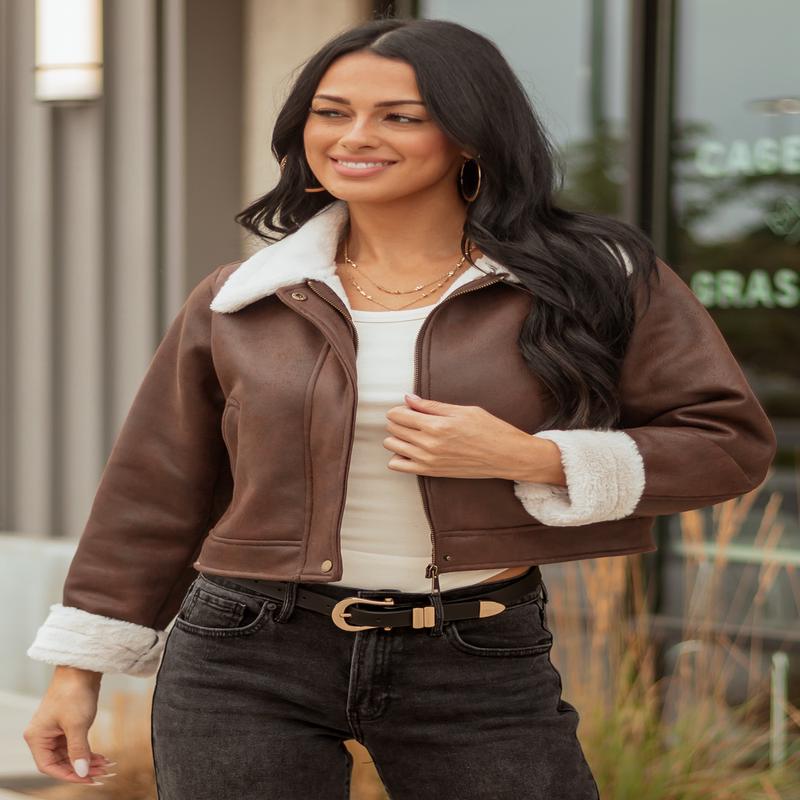 Chocolate Faux Suede Zip Up Faux Fur Lined Jacket