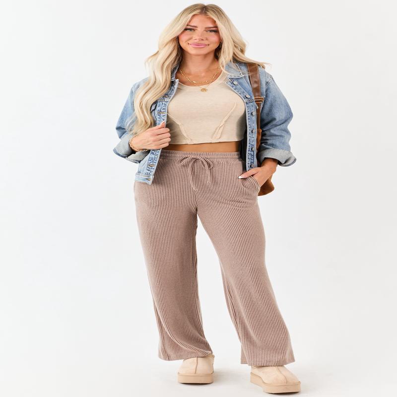 Coffee Ribbed Knit Drawstring Waist Wide Leg Pants